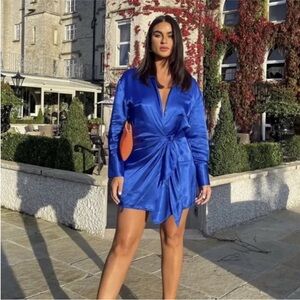 ZARA Blue Satin Effect Wrap Dress Blue Size XL